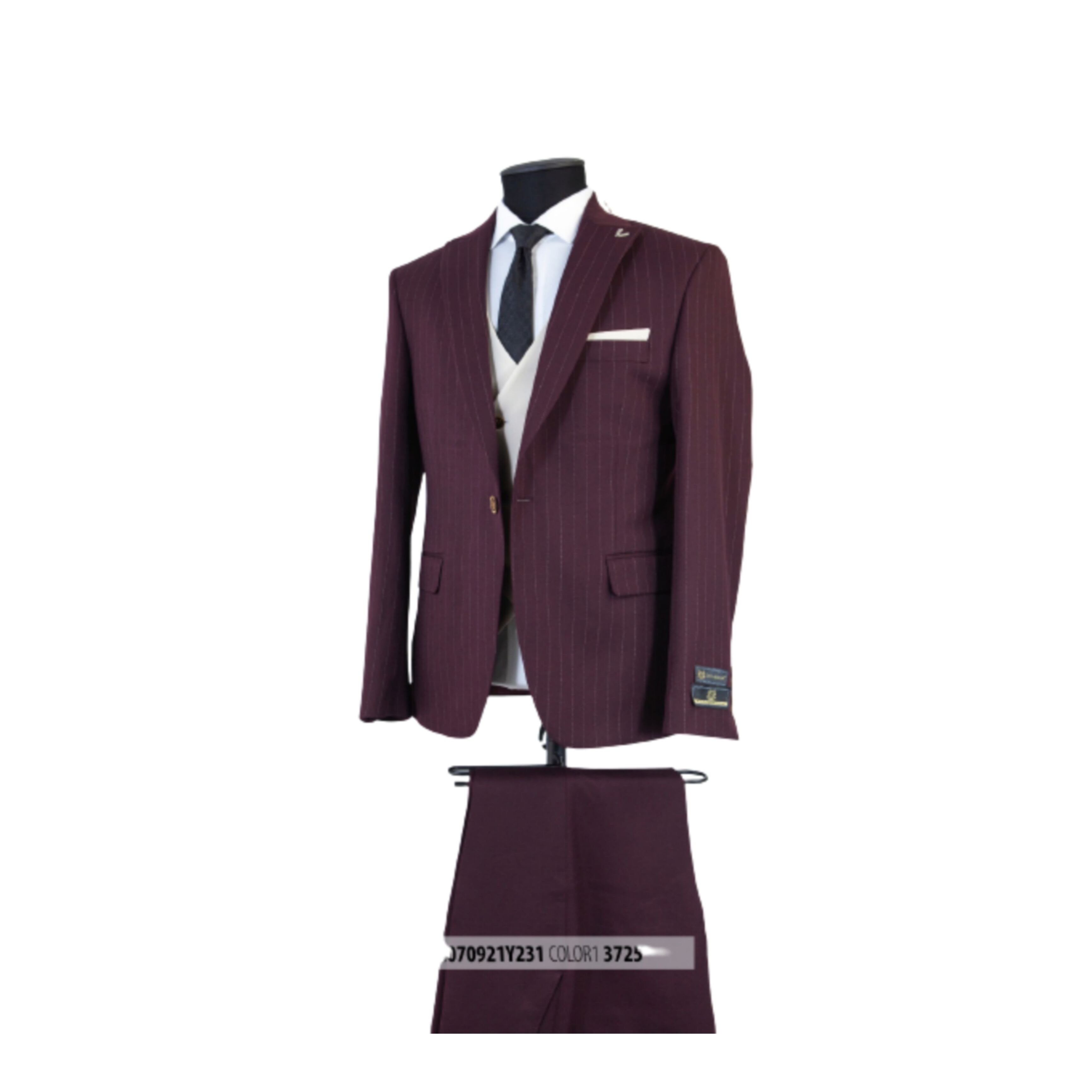 PicsArt_09-09-07.28.05 Pinstripe Dark Red 3 Piece Suit with Lapel Handkerchief - Image 1