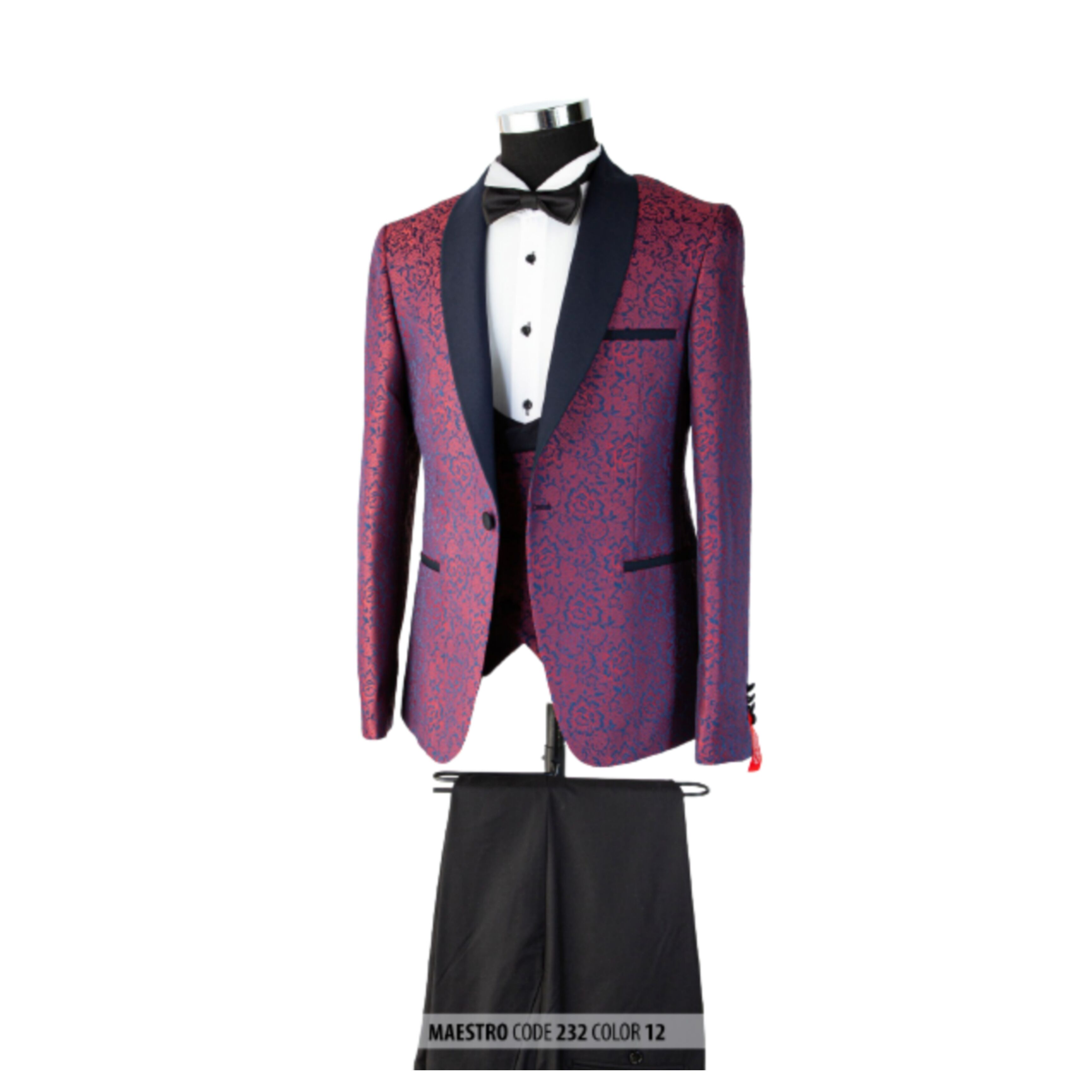 Burgundy Floral Men's 3 Piece Suits - Image 1