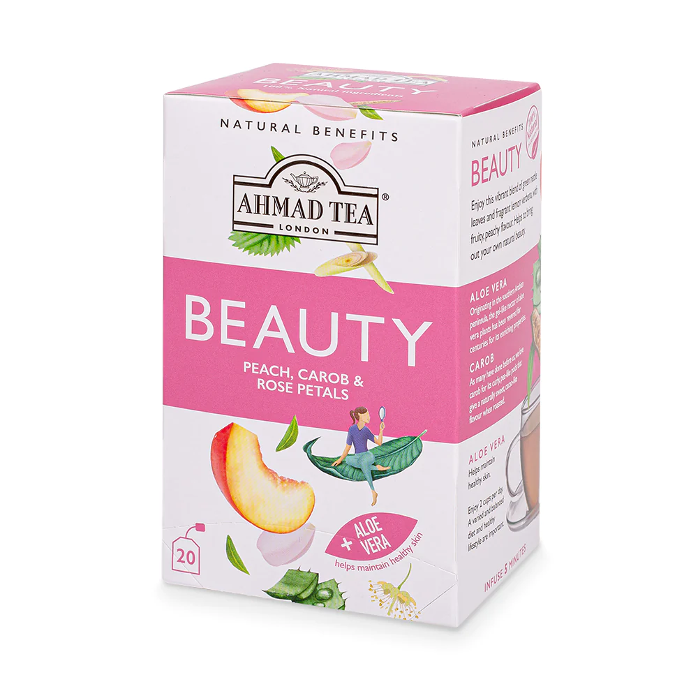 Beauty-Left-1000px Ahmad Tea Beauty Herbal Tea With Peach, Carob & Rose Petals - 20 Foil Teabags - Image 1