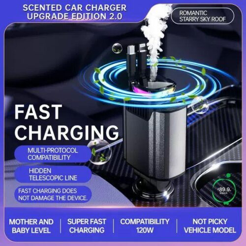 Aromatherapy Car Charger Roof 6-In-1 Retractable Cable Car Charger, Fast USB Car Chargers with Perfume Diffuser, LED Star Light & Air Purifier