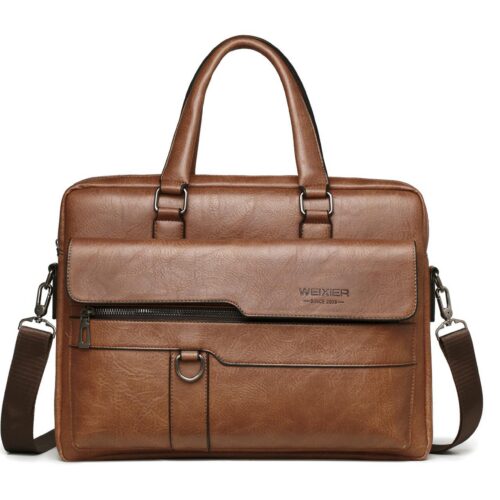 Casual Leather Shoulder Bags Briefcase Messenger Bag For 14'' Laptop Light Brown