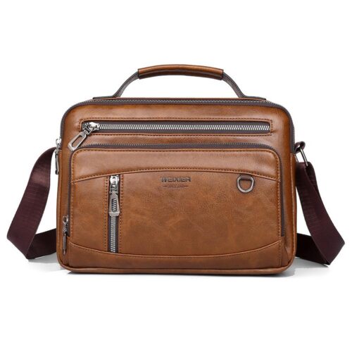 Men Handbag Leather Crossbody Bags Multi-pocket Light Brown