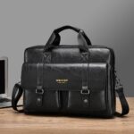 T664 For Men Business Briefcase Horizontal Crossbody Bag Leather Laptop Bag with Handles - Dark Brown