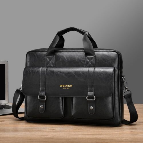 T664 For Men Business Briefcase Horizontal Crossbody Bag Leather Laptop Bag with Handles - Dark Brown