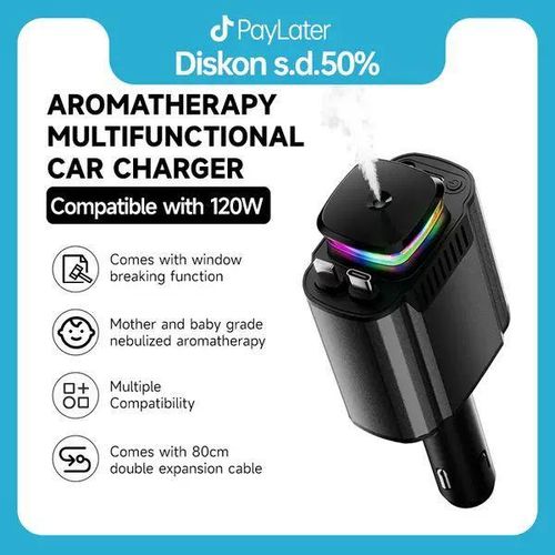 4 STARLIGHT Aromatherapy Car Charger Roof 6-In-1 Retractable Cable Car Charger, Fast USB Car Chargers with Perfume Diffuser, LED Star Light & Air Purifier - Image 1